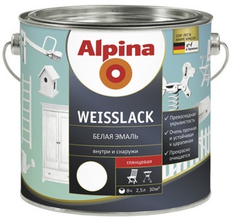 Alpina Weisslack Белая шелковисто-матовая эмаль для дерева и металла, 2,5л